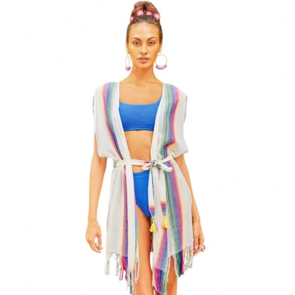BECCA by Rebecca Virtue‎ Santa Catarina Cover-Up Striped Fringe XS/S Oversized